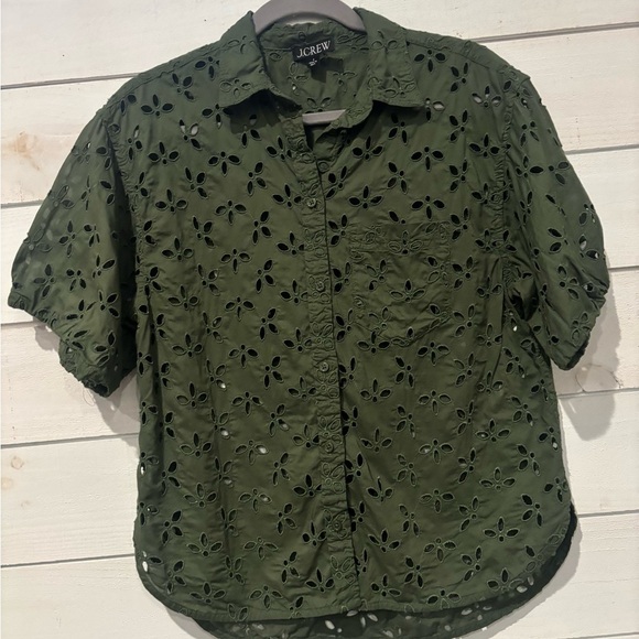 J. Crew Eyelet Olive Green Spring Garden Top Blouse Button Down Size 6 - Picture 9 of 13